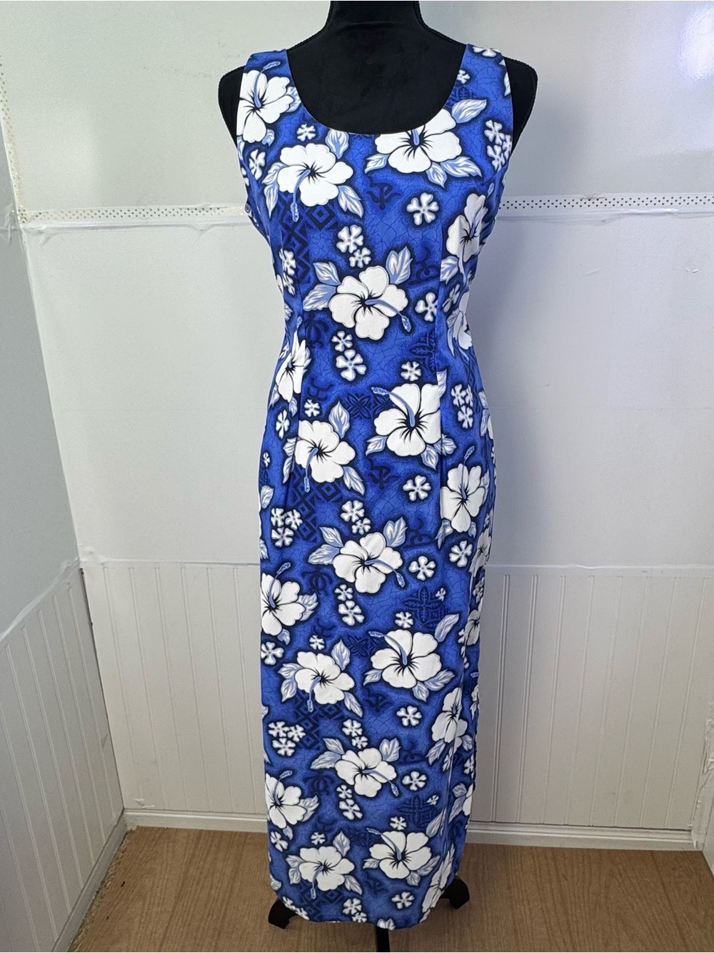 Vintage Tien Yang Hawaii Blue Hibiscus Floral Maxi Dress Aloha Resortwear L
